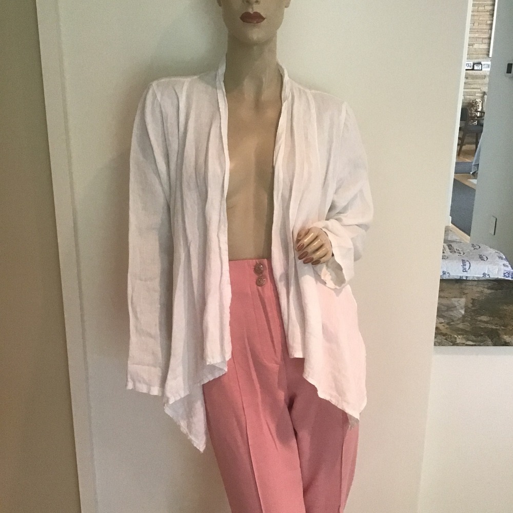 Lungo L'Arno White 100% Linen Open Front Cardigan Jacket Made in Italy Large‎